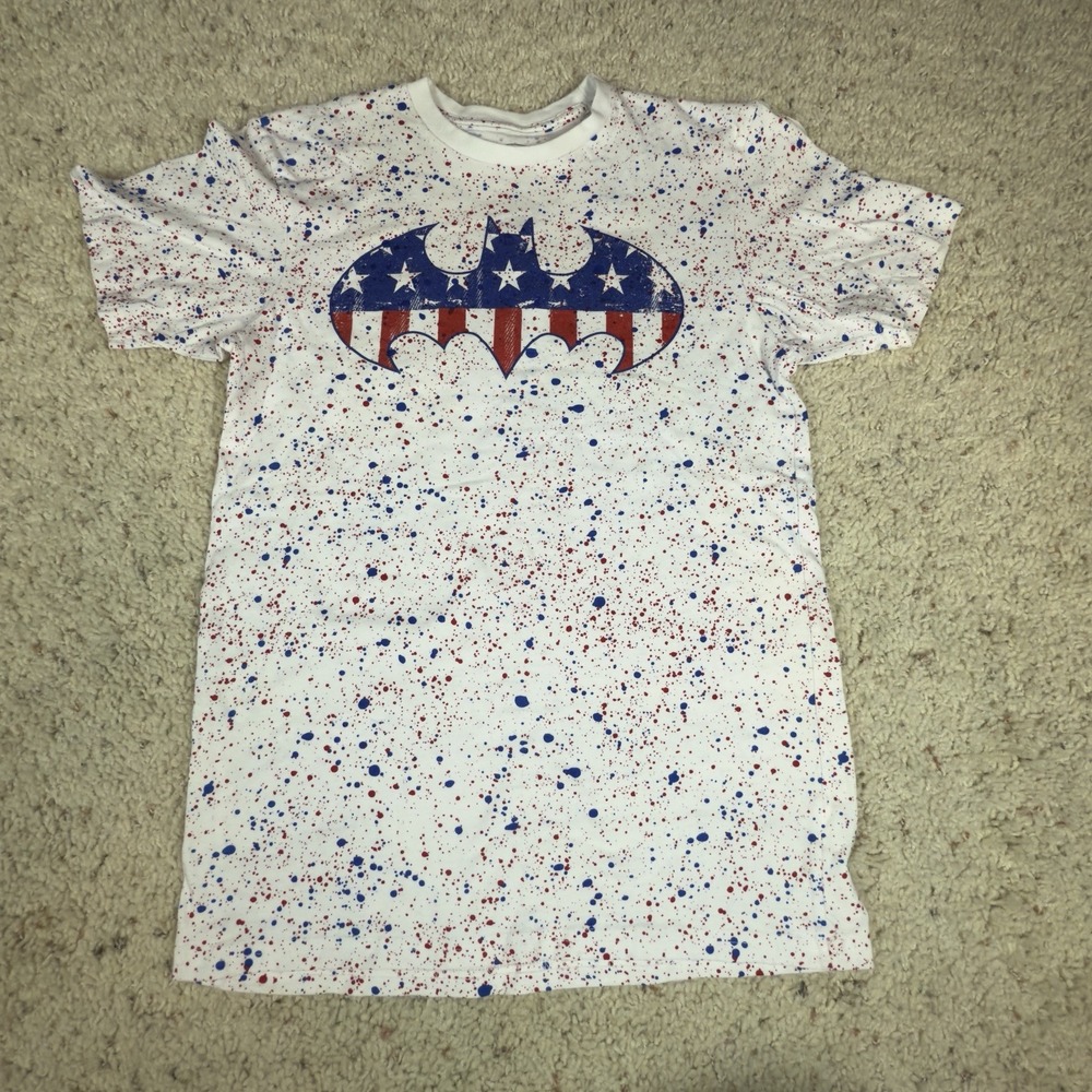 Batman Paint Splatter Captain America Shield Logo Graphic Red White Blue T Shirt